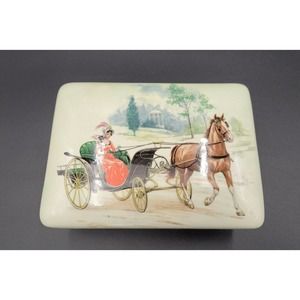 VTG Ceramic Trinket Box Dish Lidded Transfer Lady Horse Buggy Handmade